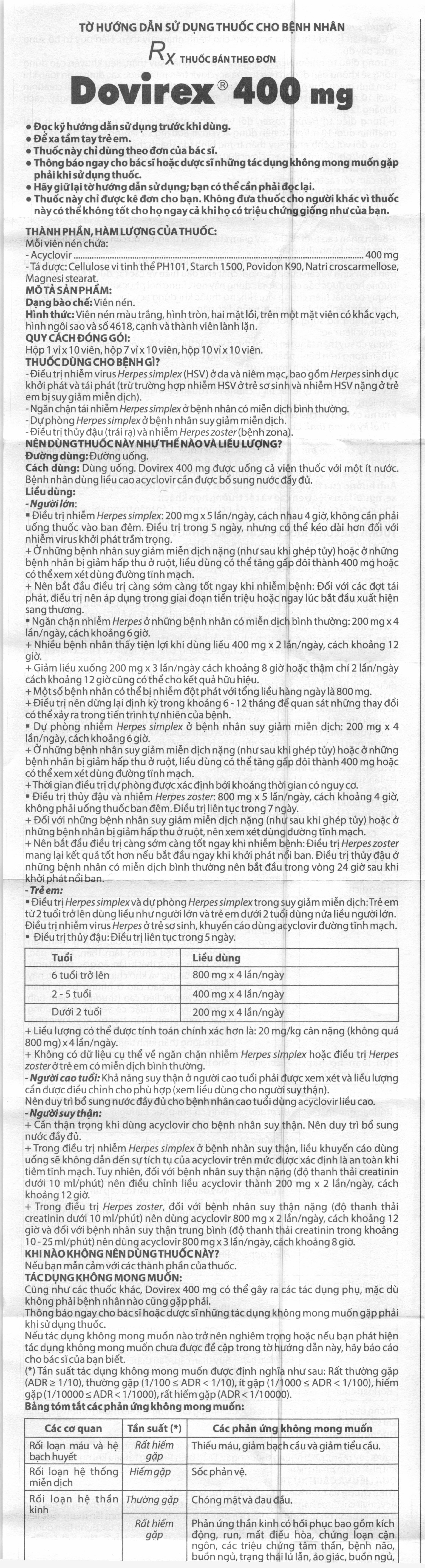 Dovirex 400mg thuốc ngừa virus