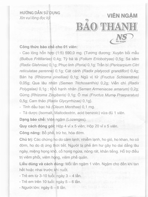 Viên ngậm Bảo Thanh không đường trị ho, bổ phế