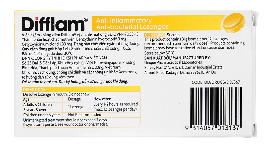 Viên ngậm kháng viêm Difflam vị quả mâm xôi giảm đau họng (1 vỉ x 8 viên) - 8