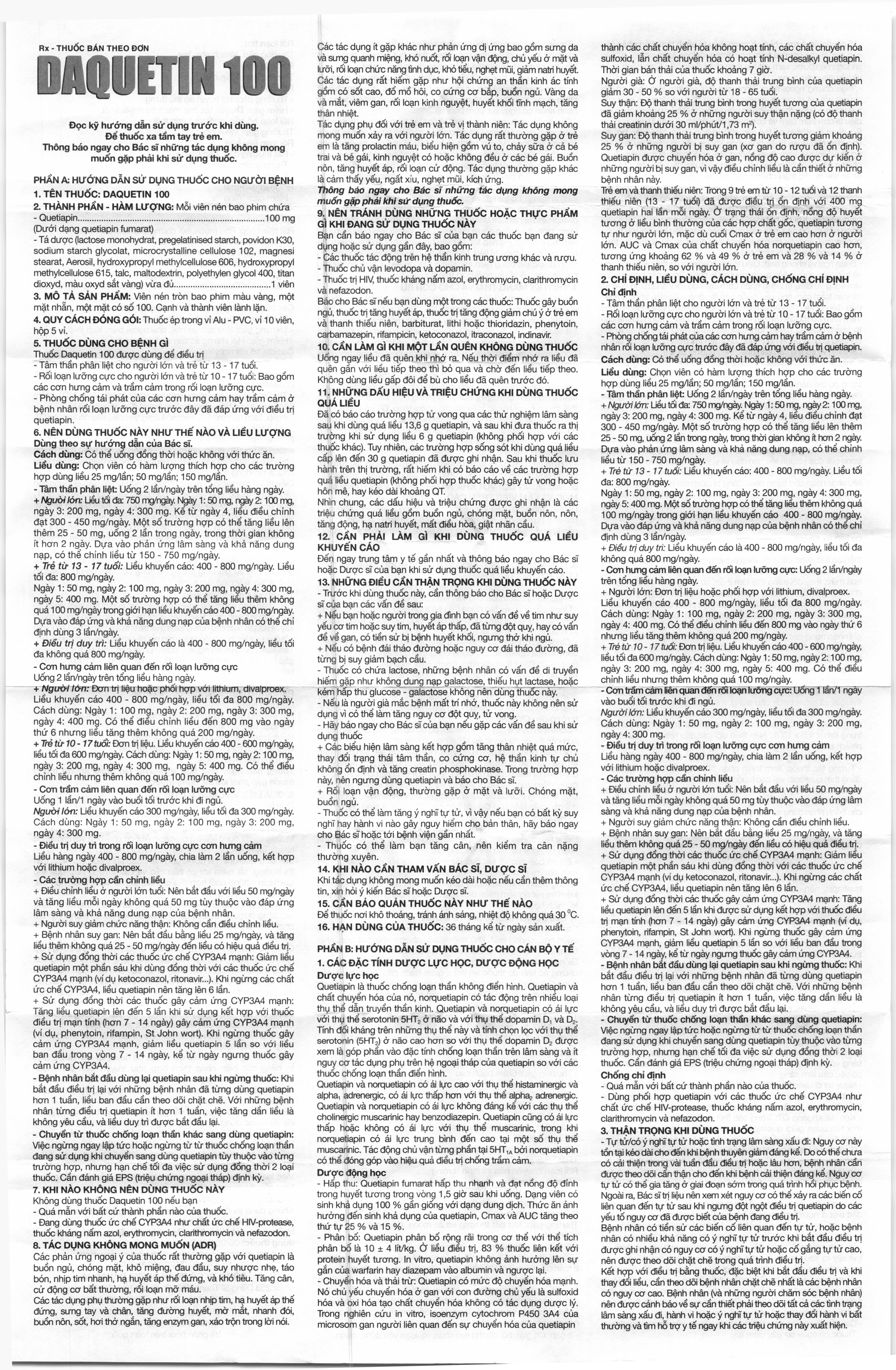 Daquetin 100 trị tâm thần phân liệt