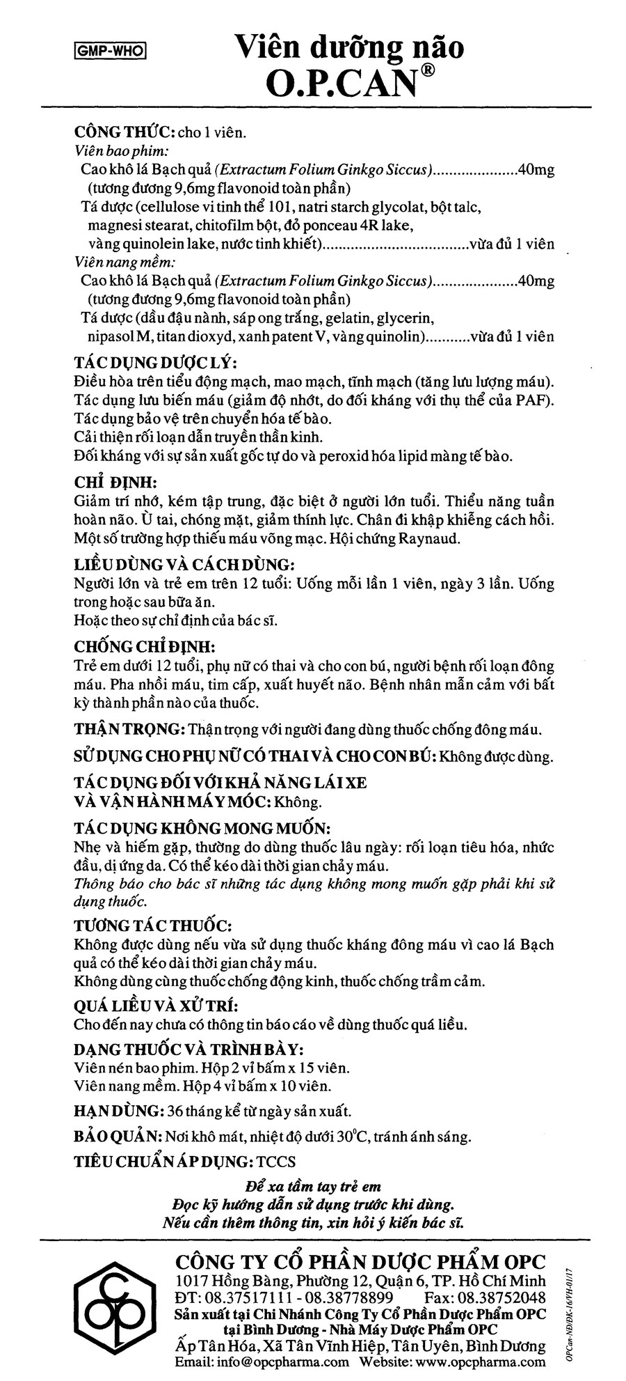 Viên Dưỡng Não O.P.Can tuần hoàn máu não, cải thiện trí nhớ