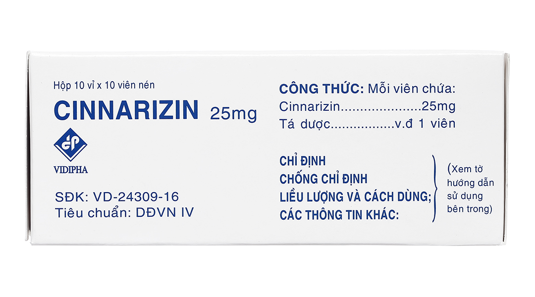 Cinnarizin Vidipha 25mg trị rối loạn tiền đình, chống say xe
