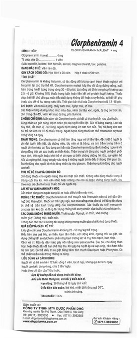 Clorpheniramin 4 trị viêm mũi dị ứng, mày đay