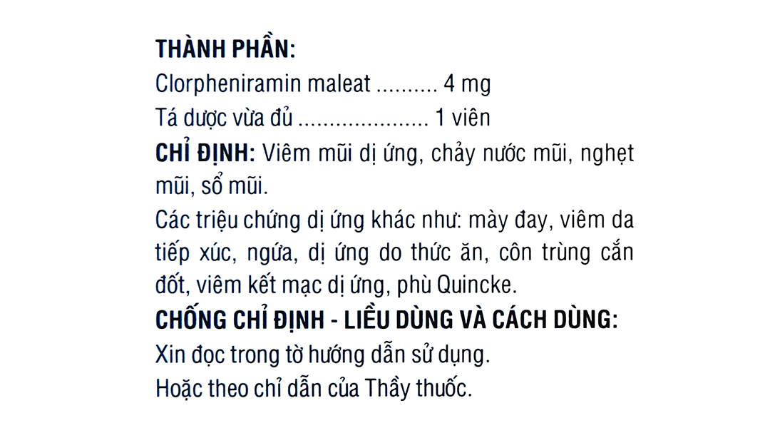Clorpheniramin 4 trị viêm mũi dị ứng, mày đay