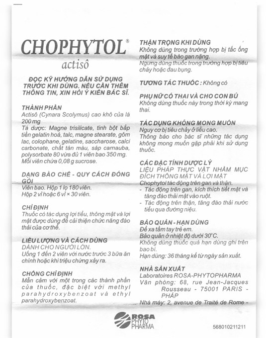 Chophytol Artichoke 200mg giúp lợi tiểu, thông mật