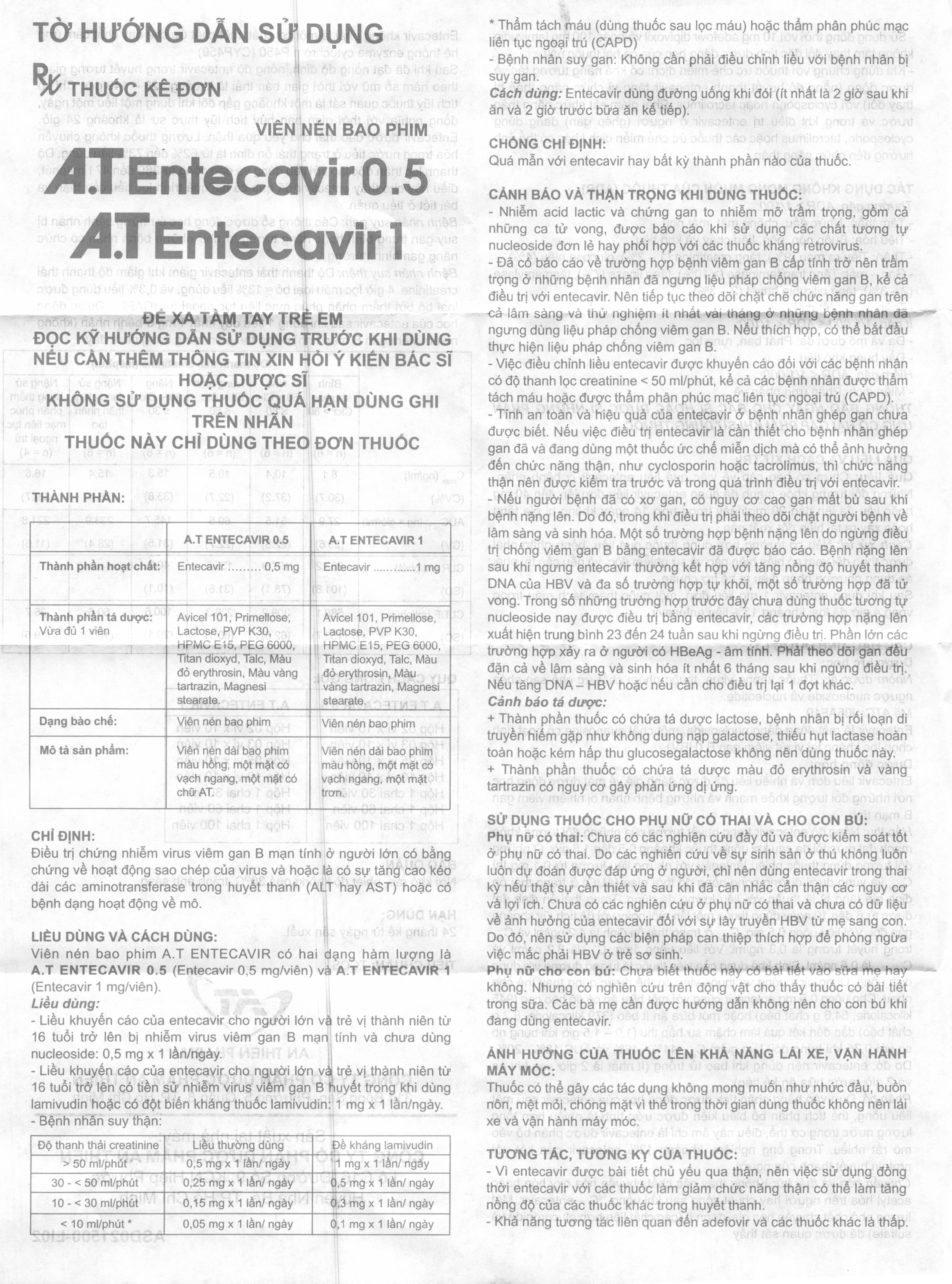 A.T Entecavir 0.5 điều trị viêm gan B