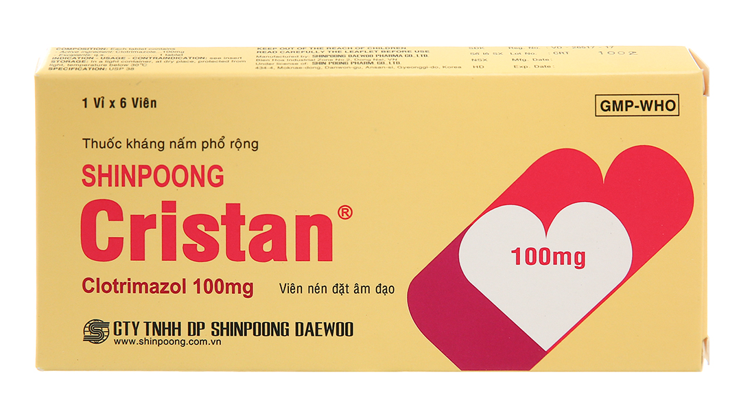 Viên đặt âm đạo Shinpoong Cristan 100mg trị nhiễm nấm âm đạo