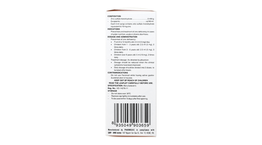 Siro Farzincol 10mg/5ml bổ sung kẽm, trị tiêu chảy
