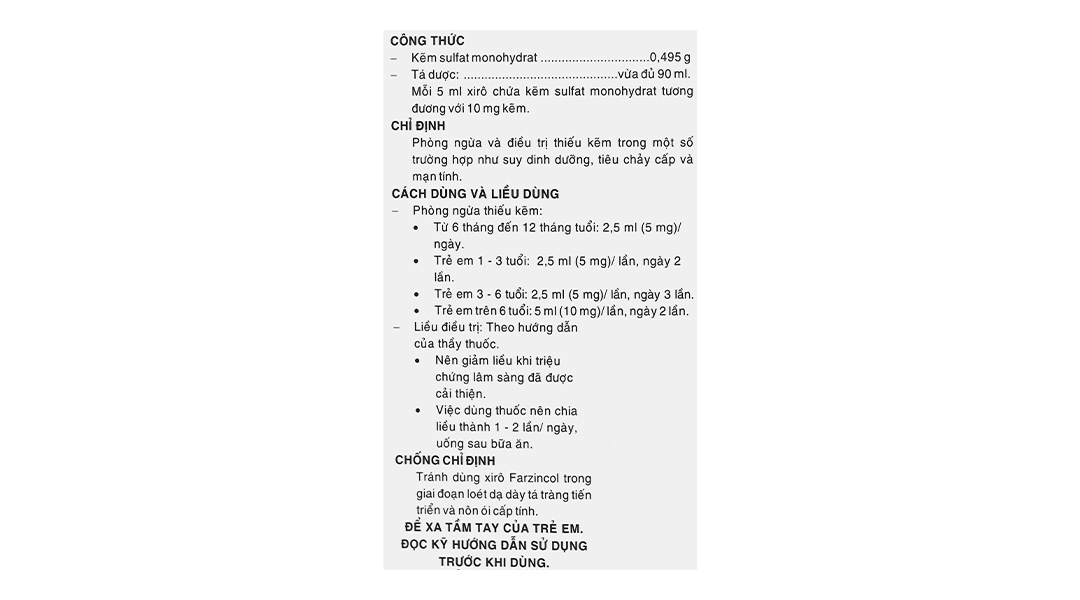 Siro Farzincol 10mg/5ml bổ sung kẽm, trị tiêu chảy