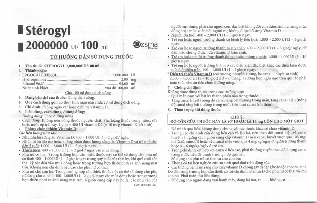 Dung dịch uống Stérogyl 2000000UI/100ml phòng và trị thiếu vitamin D