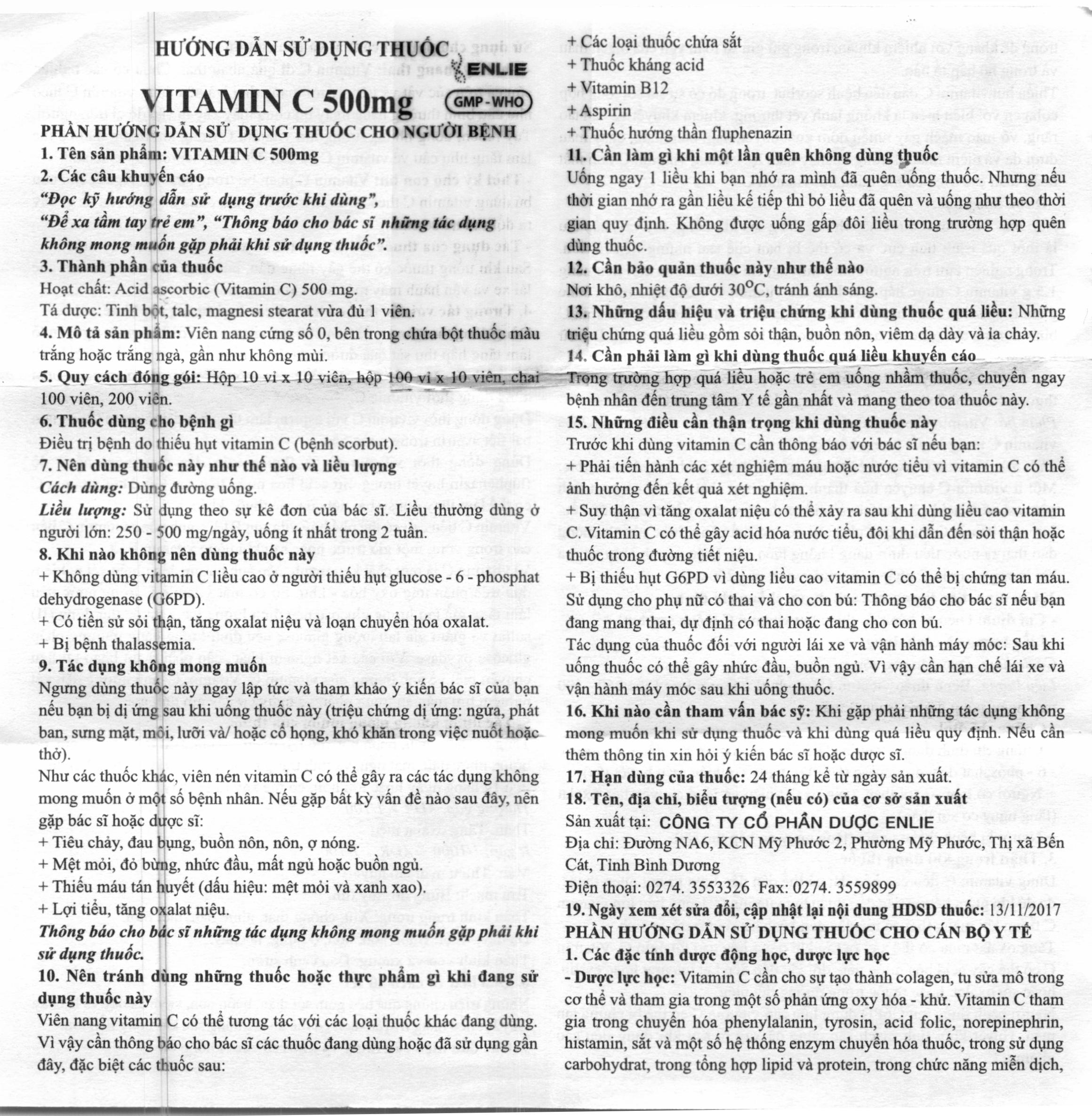 Vitamin C Enlie 500mg trị thiếu vitamin C