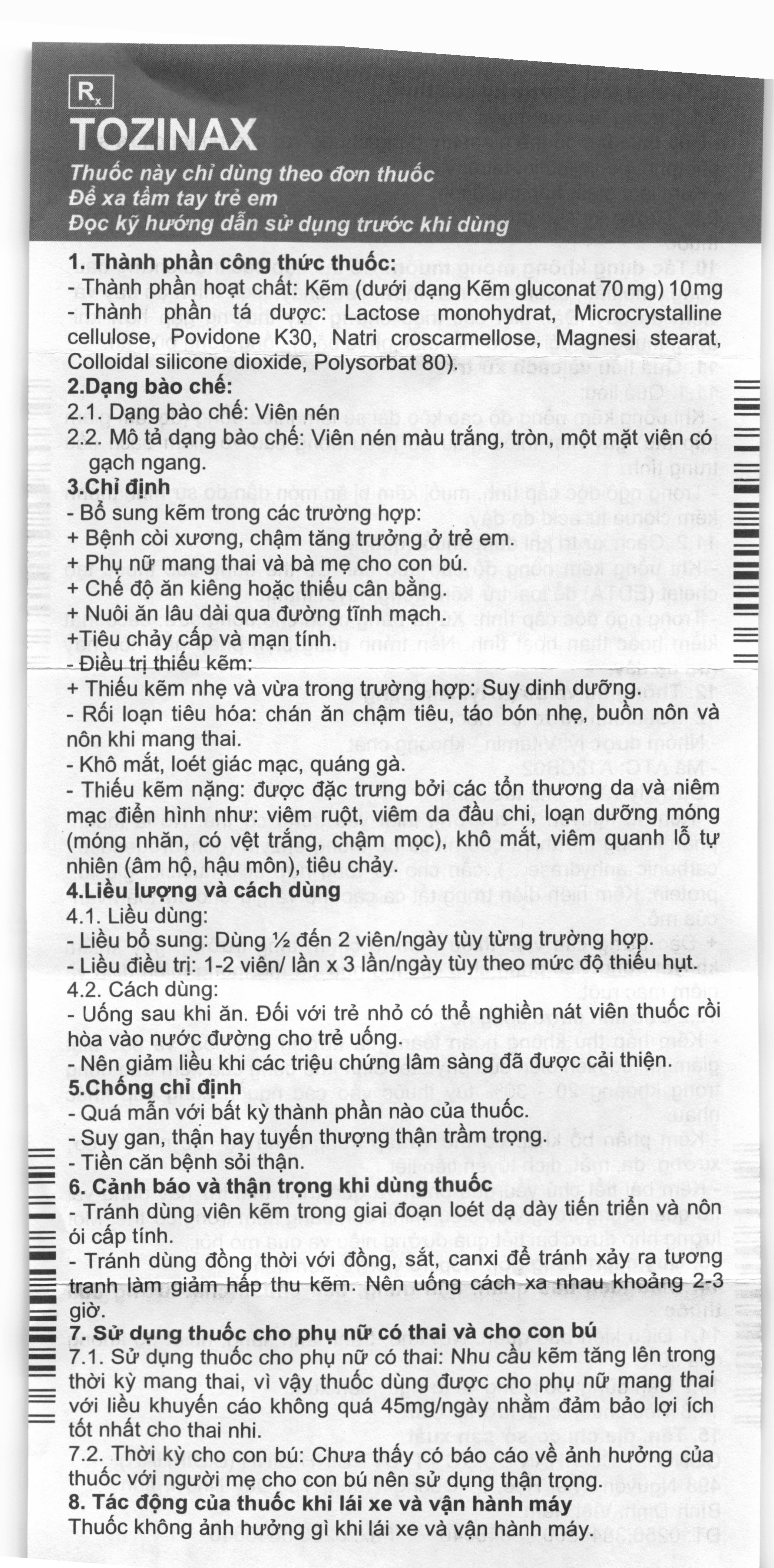 Tozinax 10mg phòng và điều trị thiếu kẽm