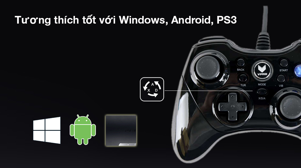 Tay cầm chơi game có dây Rapoo V600 đen - Đạt độ tương thích cao với Windows, Android, PS3