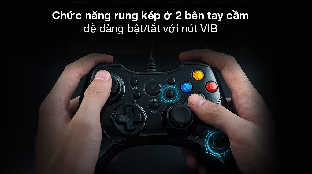 Tay cầm chơi game có dây Rapoo V600 đen - Tận hưởng cảm giác đầy chân thực khi chơi game cùng chức năng rung kép