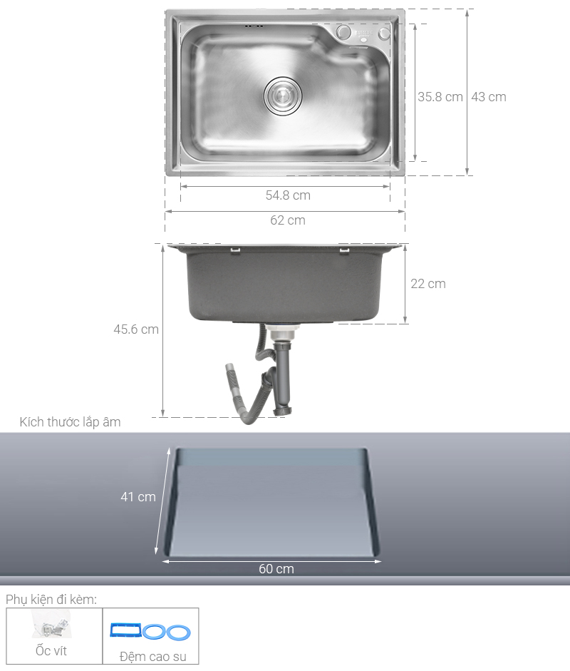 Chậu rửa chén 1 ngăn inox Eurolife EL-C6243