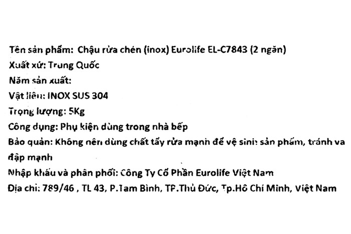 Chậu rửa chén 2 ngăn inox Eurolife EL-C7843 Màu Inox