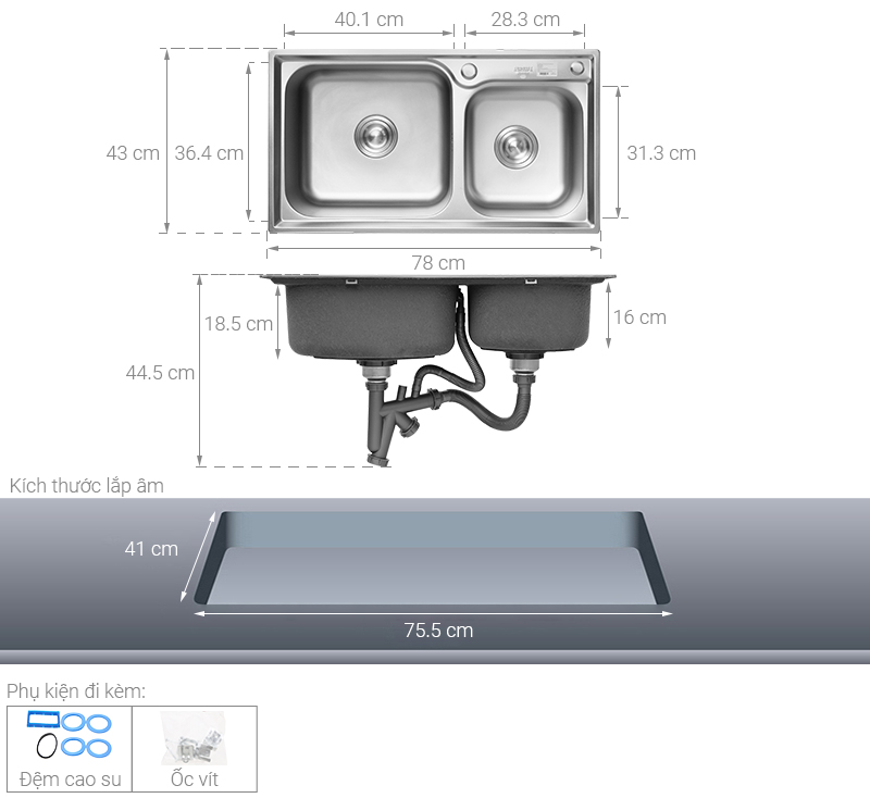 Chậu rửa chén 2 ngăn inox Eurolife EL-C7843 - Chính hãng