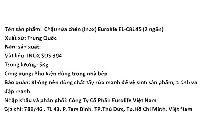 Chậu rửa chén 2 ngăn inox Eurolife EL-C8145 Màu Inox