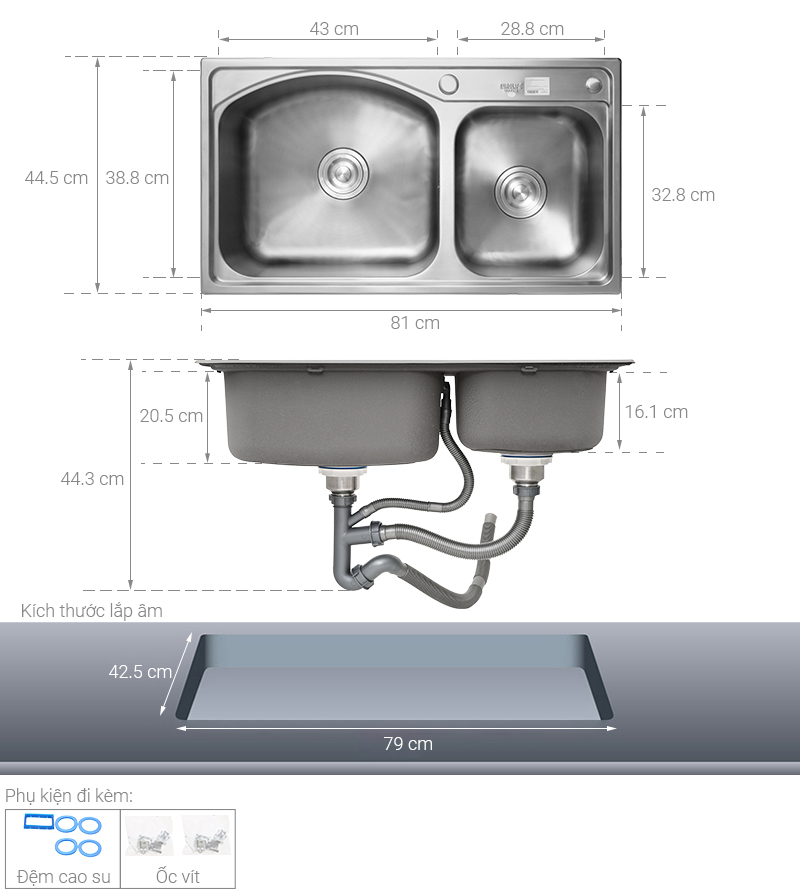 Chậu rửa chén 2 ngăn inox Eurolife EL-C8145 - Chính hãng