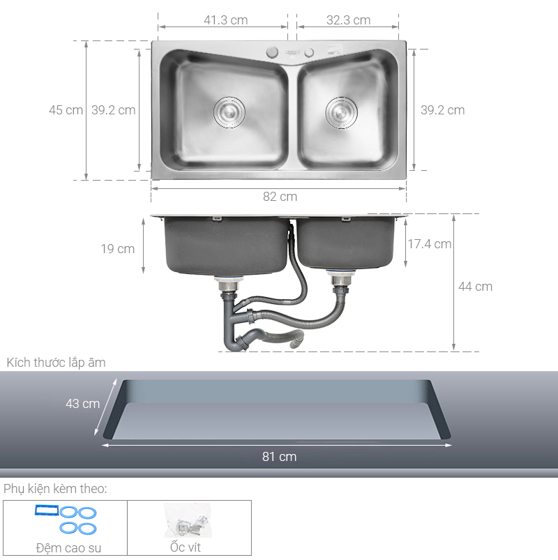 Chậu rửa chén 2 ngăn inox Eurolife EL-C8245