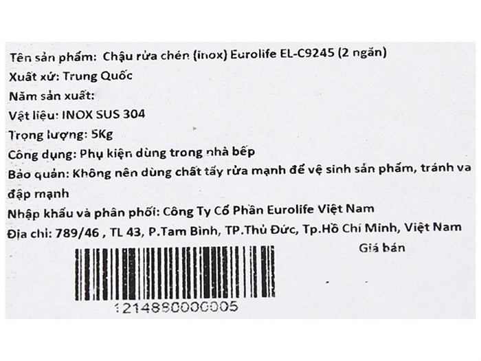 Chậu rửa chén 2 ngăn 1 hố rác inox Eurolife EL-C9245 Màu Inox