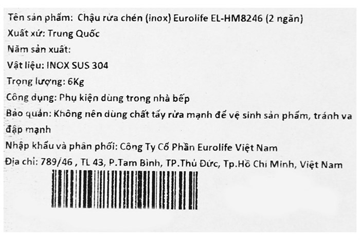 Chậu rửa chén 2 ngăn inox Eurolife EL-HM8246 Màu Inox