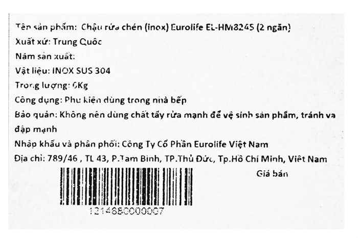 Chậu rửa chén 2 ngăn inox Eurolife EL-HM8245 Màu Inox
