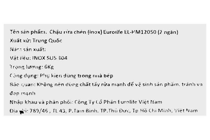 Chậu rửa chén 2 ngăn 1 cánh inox Eurolife EL-HM12050 Màu Inox