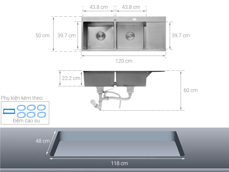 Chậu rửa chén 2 ngăn 1 cánh inox Eurolife EL-HM12050