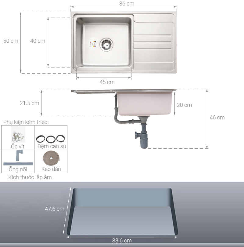 Chậu rửa chén 1 ngăn 1 cánh inox Hafele HS20-SSN1S60 (567.20.266)