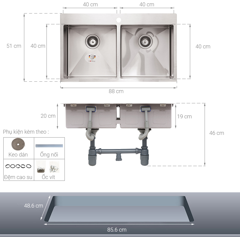 Chậu rửa chén 2 ngăn inox Hafele HS20-SSN2S90 (567.20.537)