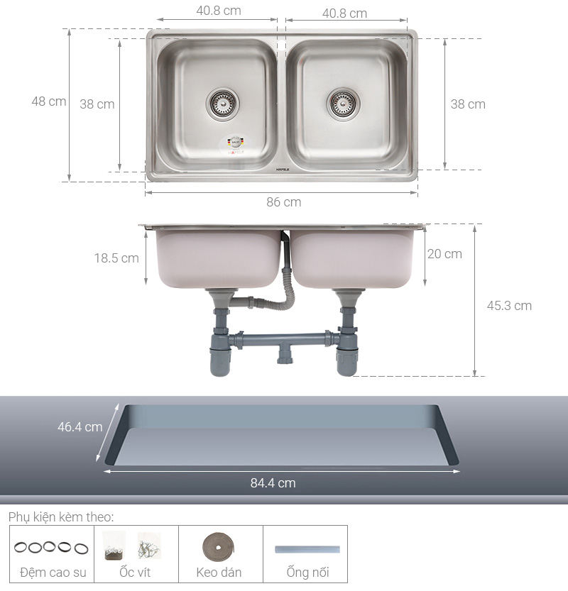Chậu rửa chén 2 ngăn inox Hafele HS20-SSN2R90M (567.20.493)
