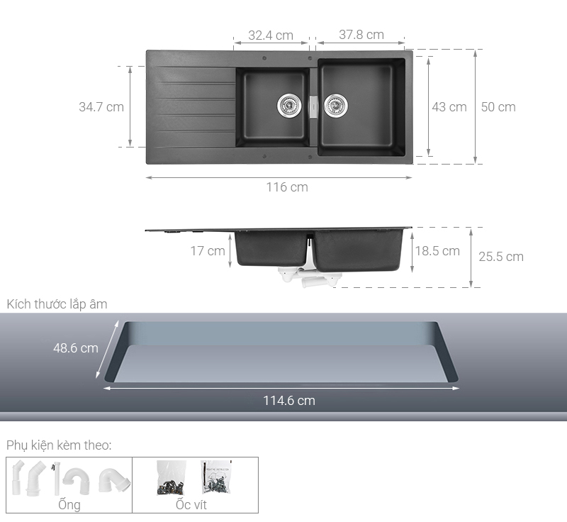 Chậu rửa chén 2 ngăn 1 cánh đá thạch anh Hafele HS19-GED2S80 đen (570.35.370)