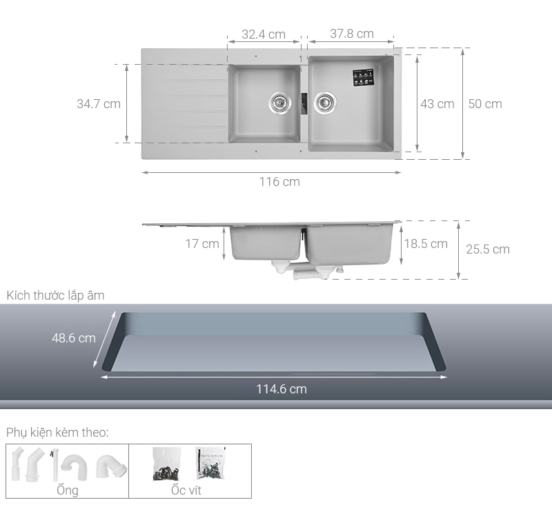 Chậu rửa chén 2 ngăn 1 cánh đá thạch anh Hafele HS19-GED2S80 Xám (570.35.570)