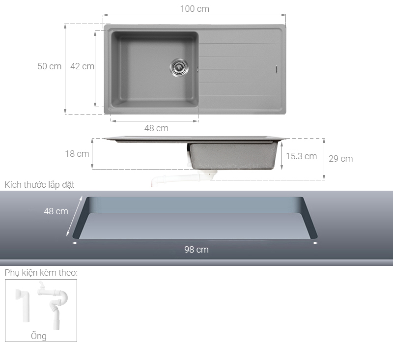 Chậu rửa chén 1 ngăn 1 cánh đá Hafele GED1S60 Xám