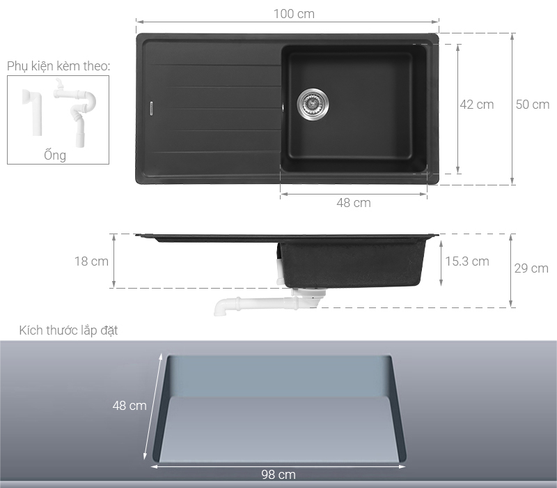 Chậu rửa chén 1 ngăn 1 cánh đá Hafele GED1S60 Đen