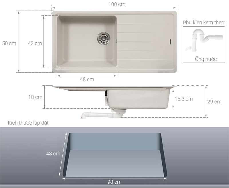 Chậu rửa chén 1 ngăn 1 cánh đá Hafele GED1S60 Kem