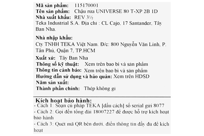 Chậu rửa chén 2 ngăn 1 cánh inox Teka Universe 80 T-XP 2B 1D REV 3½ Màu Inox