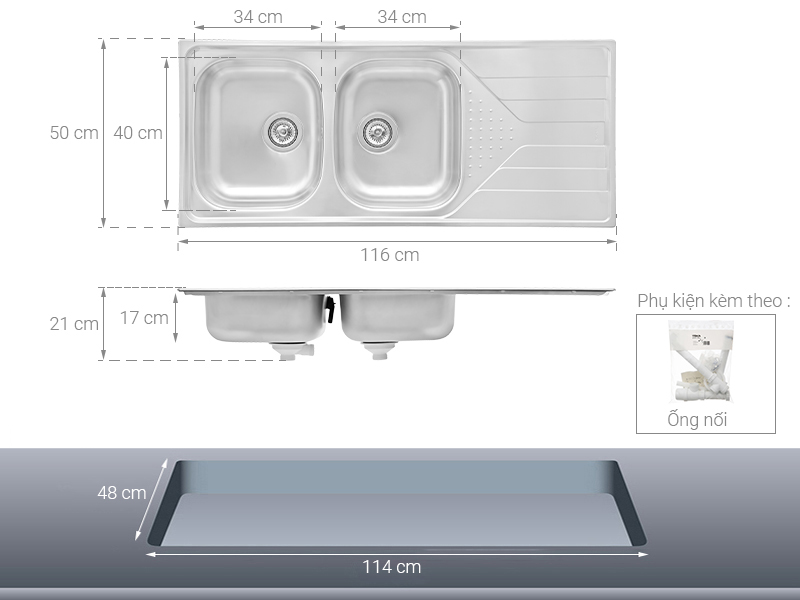 Chậu rửa chén 2 ngăn 1 cánh inox Teka Universe 80 T-XP 2B 1D REV 3½
