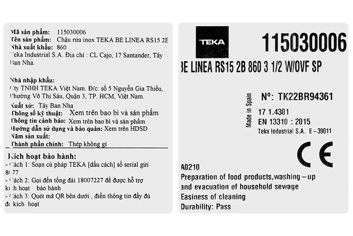 Chậu rửa chén 2 ngăn inox Teka BE LINEA RS15 2B 860 Màu Inox