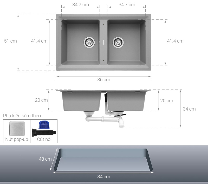 Chậu rửa chén 2 ngăn đá Teka STONE 90 B-TG 2B SS