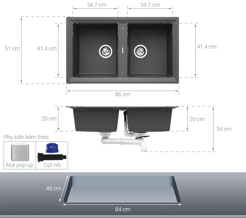 Chậu rửa chén 2 ngăn đá Teka STONE 90 B-TG 2B BK