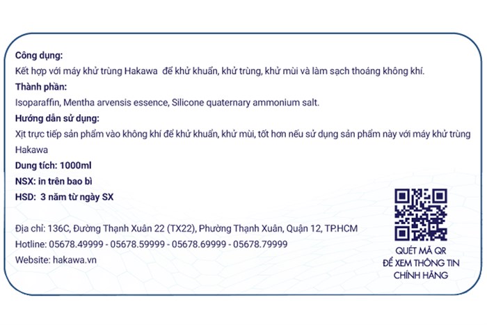 Dung dịch khử mùi diệt khuẩn 1 lít HAKAWA DD-2020KT Màu Trắng