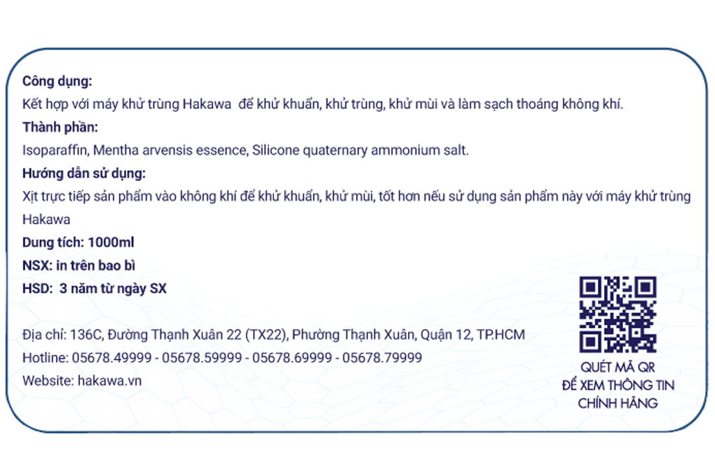 Dung dịch khử mùi diệt khuẩn 1 lít HAKAWA DD-2020KT Màu Trắng