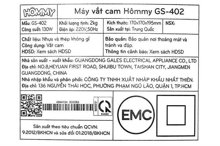 Máy vắt cam Hommy GS-402 Màu Bạc Inox