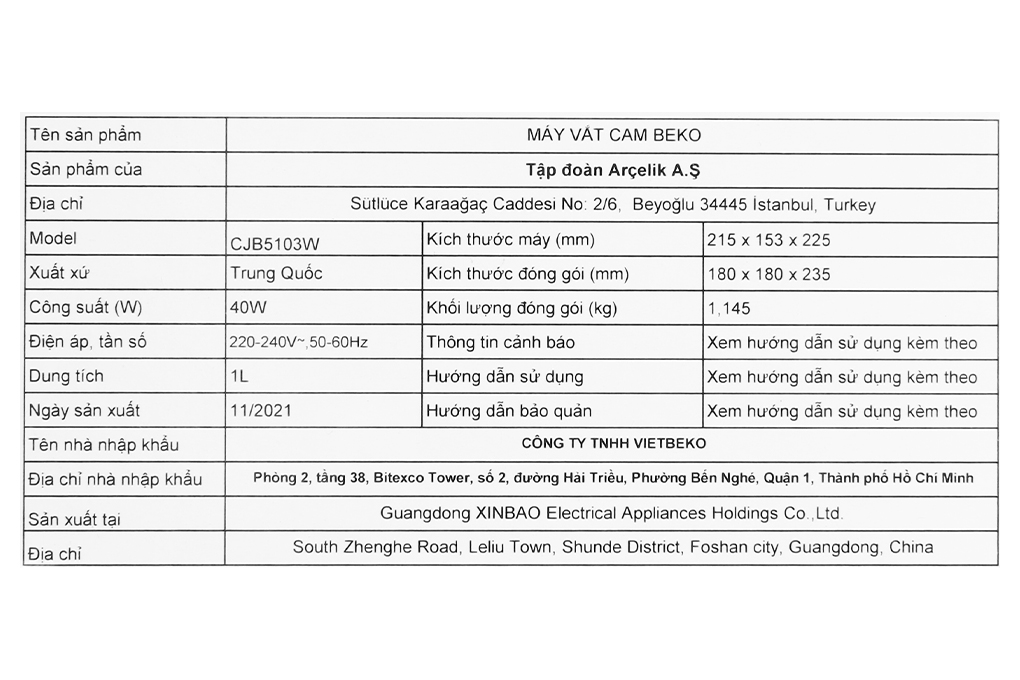Máy vắt cam Beko 40W CJB5103W Màu Trắng