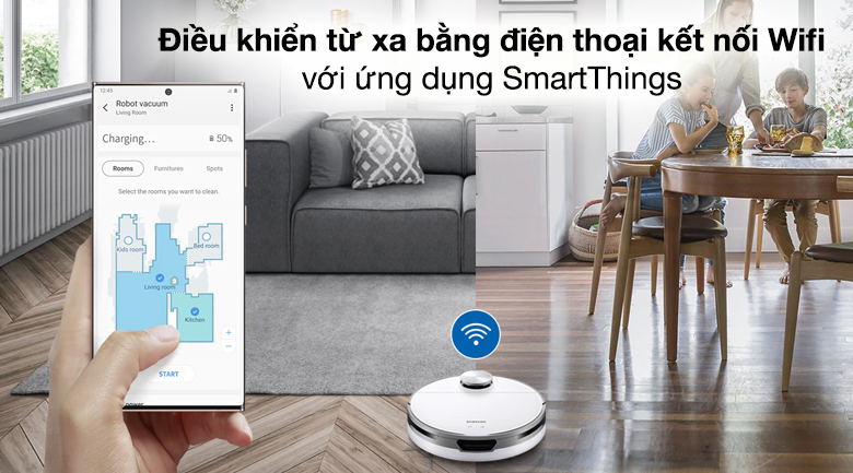 Robot hút bụi Samsung VR30T85513W/SV - Điều khiển từ xa bằng remote control và smartphone với ứng dụng SmartThings thông qua kết nối wifi