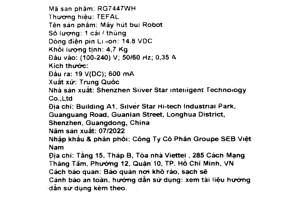 Robot hút bụi lau nhà Tefal RG7447WH Màu Trắng
