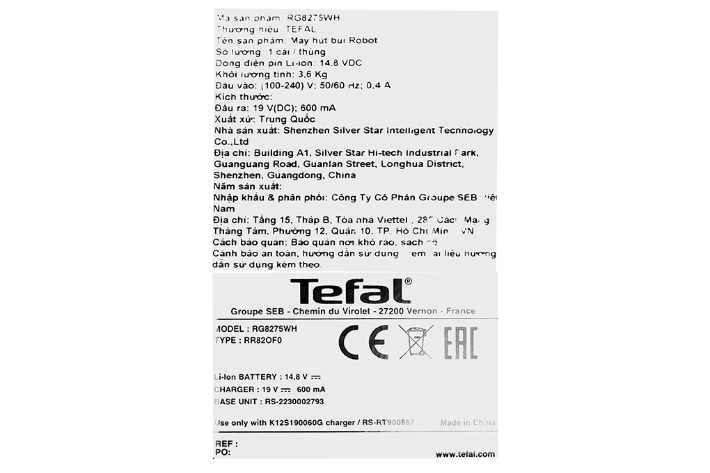 Robot hút bụi lau nhà Tefal RG8275WH Màu Đen