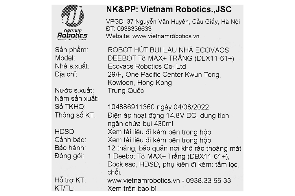 Robot hút bụi lau nhà Ecovacs Deebot T8 Max Plus Màu Trắng